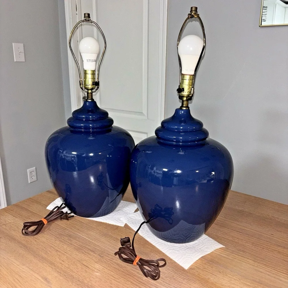 Blue Glass Table Lamps MCM Bulbous Ginger Jar 3 Way Vintage 22
